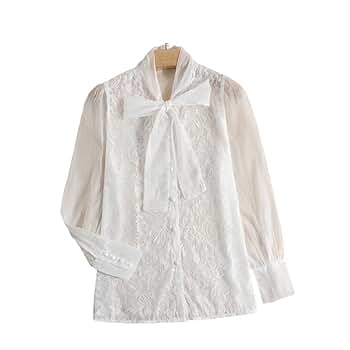 トップス willfully sheer layered removal bow tie Milumia Women's Bow Tie Neck Bell Long Sleeve Mesh Top See